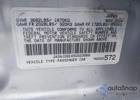 2005 Mitsubishi Lancer Es z USA, uszkodzony, nr VIN JA3AJ26E45U023988